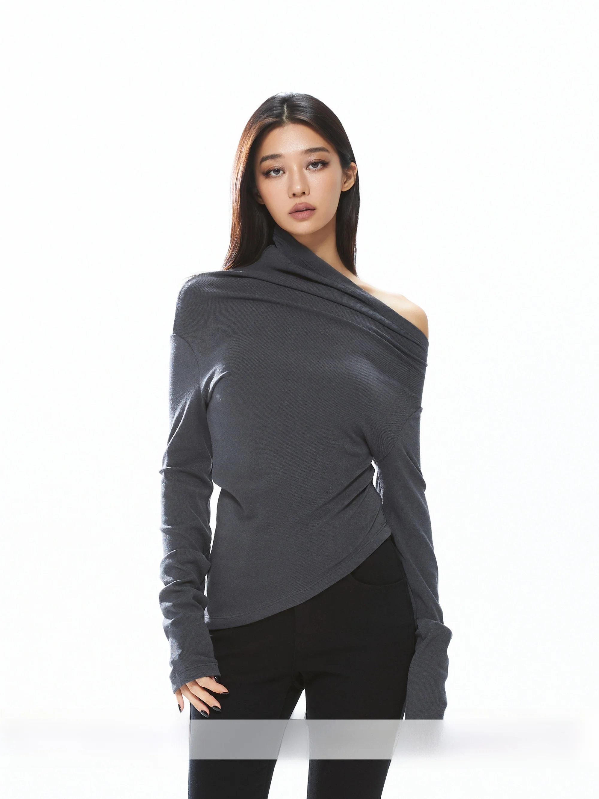 

Classic Multwearing Asymmetric Elastic Shoulder Knitted Long Sleeve Base Shirt Elegant Top MIRANDA SONG Commute Style Slim Fit