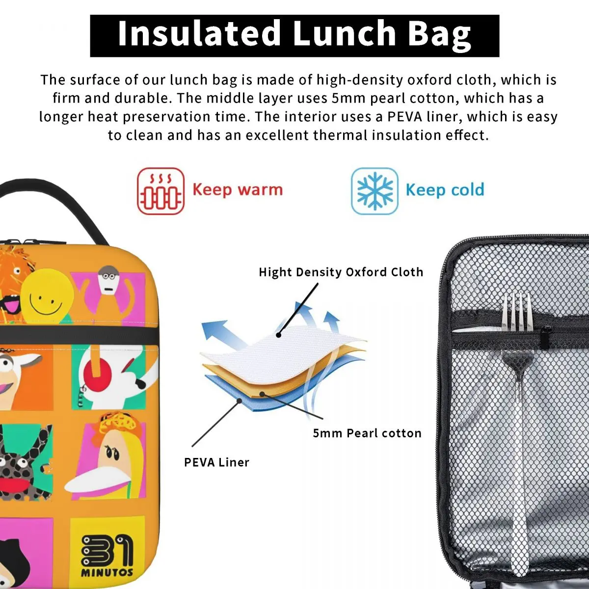حقيبة تبريد معزولة لمدة 31 دقيقة   حاوية الوجبات الكوميدية التشيليزية كبيرة حمل صندوق الغداء أكياس تخزين المواد الغذائية المدرسة في الهواء الطلق