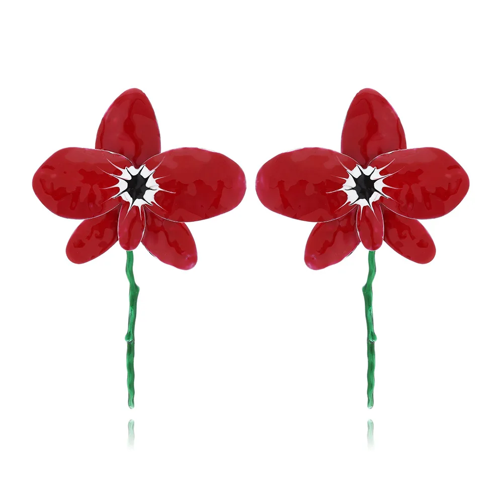 2024 Unique ZA  Metal Enameled Red Flower Earrings for Women Cute Big Alloy Drip Oil Floral Dangle Earring Wedding Jewelry