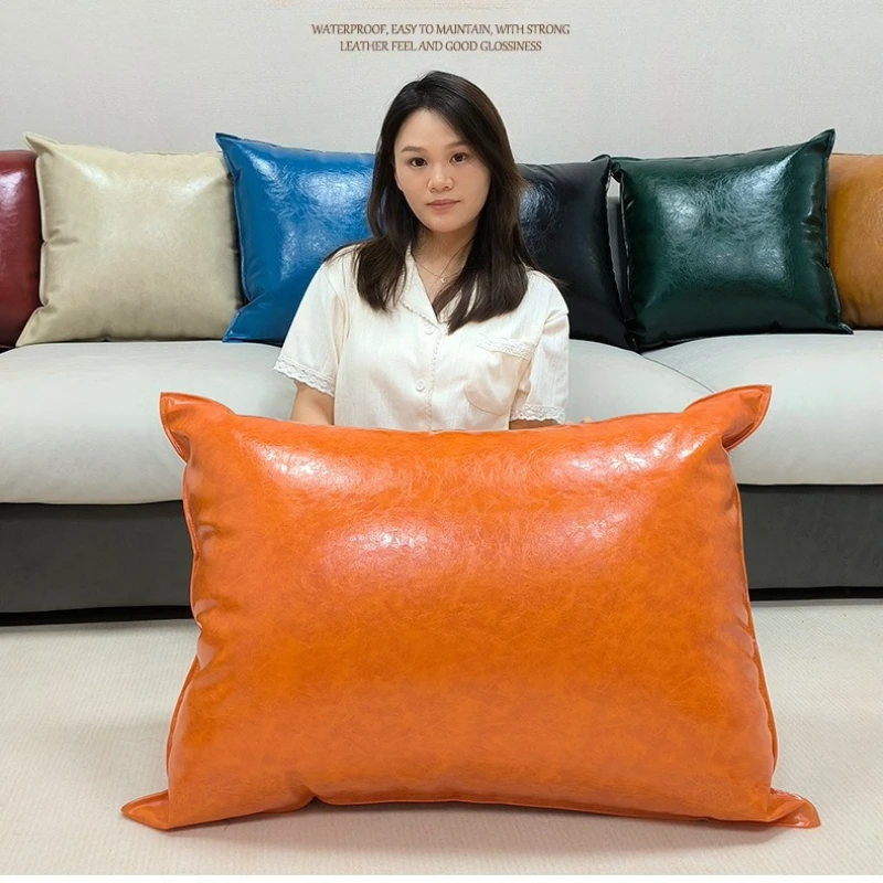 Large Cushion Cover Oil wax PU leather Waterproof Headboard Backrest Pillowcase Living Room Pillow Cover Protector 60/70/80CM