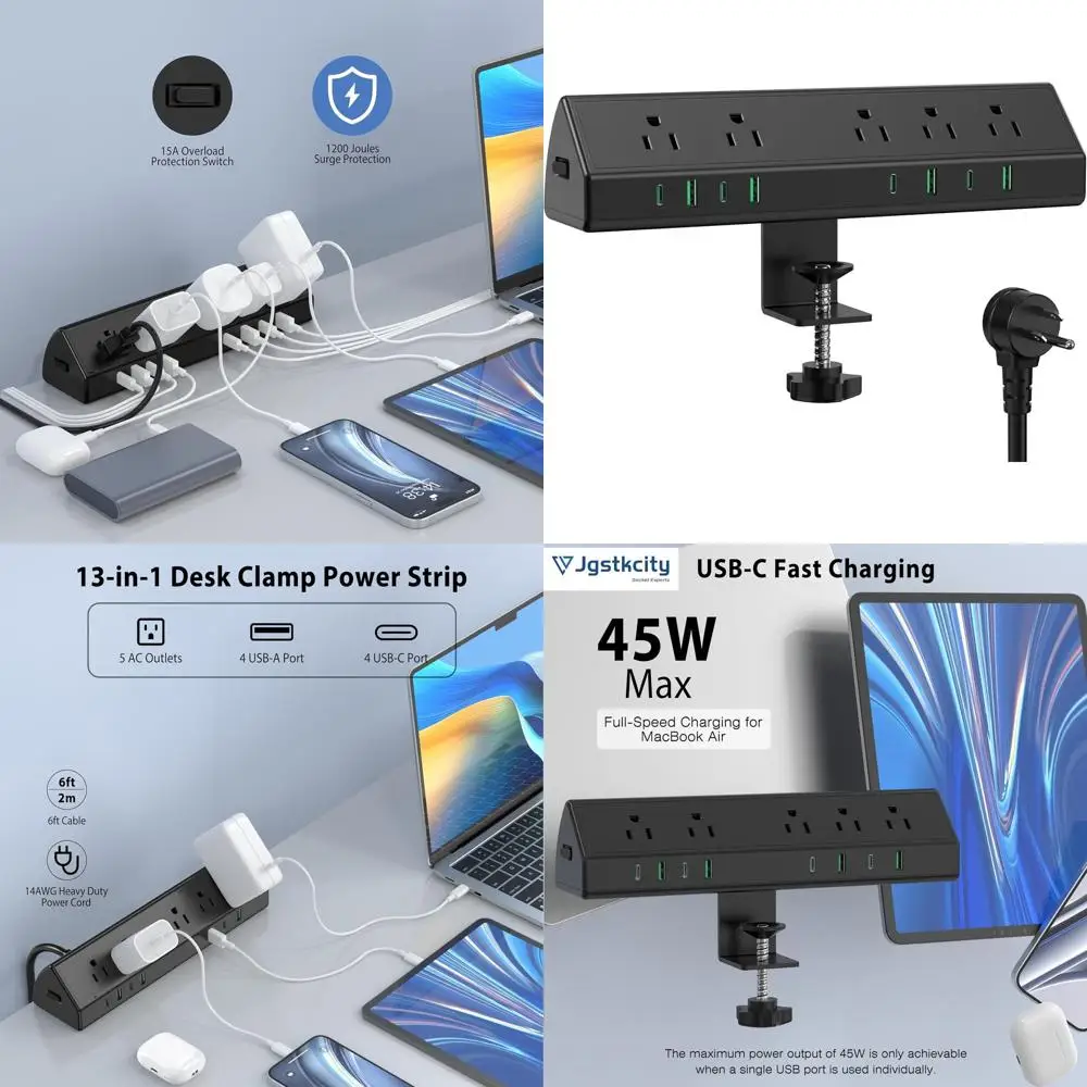 

Desk Clamp Power Strip,45W Fast Charging Station,4 USB-C,4 USB-A,Desk Mount Surge Protector,1875W Extension Cord with Multiple O
