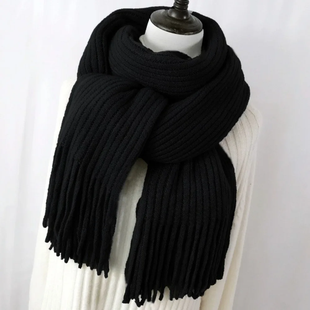 Elegant Solid Color Knitted Scarf Windproof Thicken Wrap Shawls with Tassel Soft Long Scarves For Women
