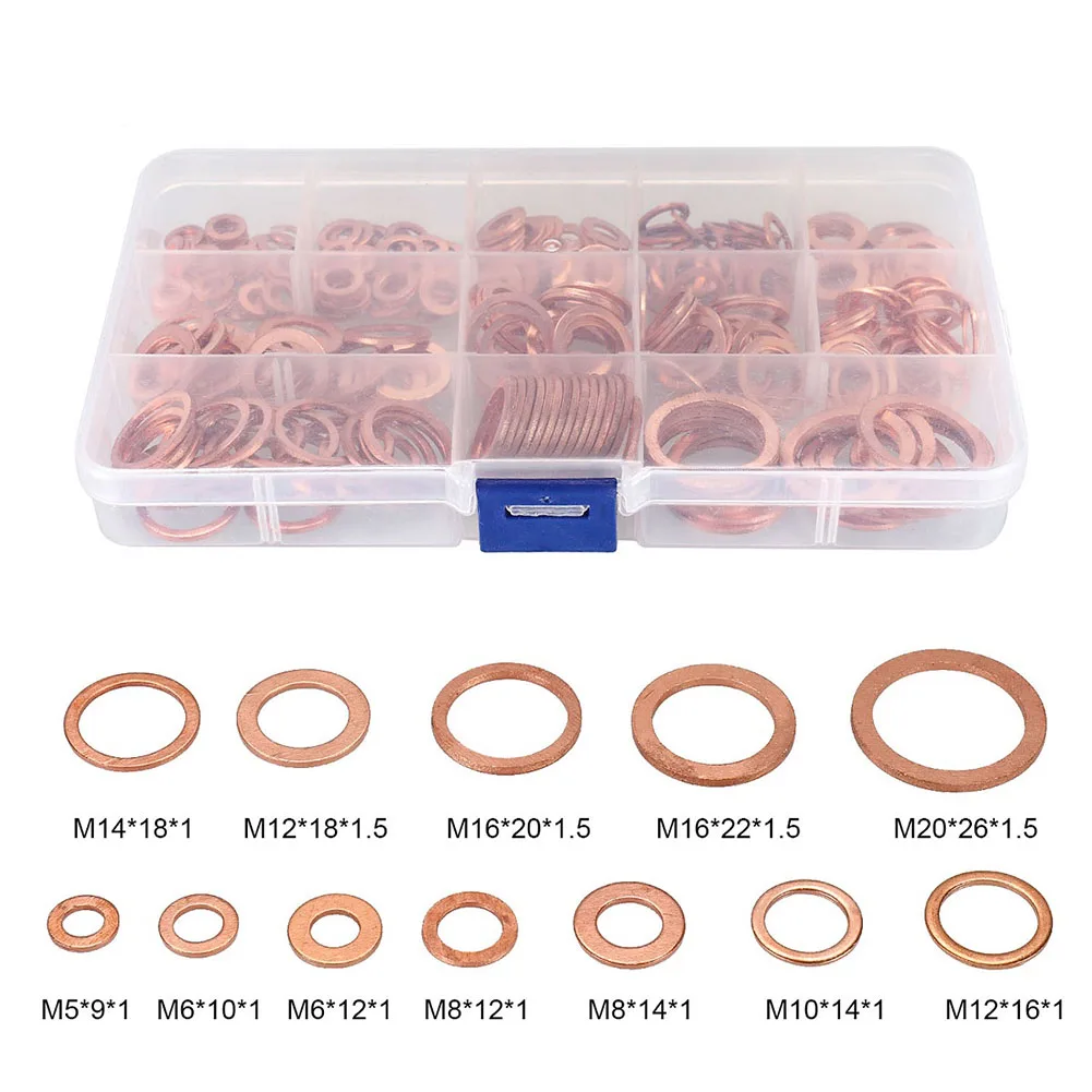 

300-piece Copper Gasket Nut And Bolt Set (box Included) For Flat Ring Seals, 5-20mm Copper Flat Gaskets For Oil Pan