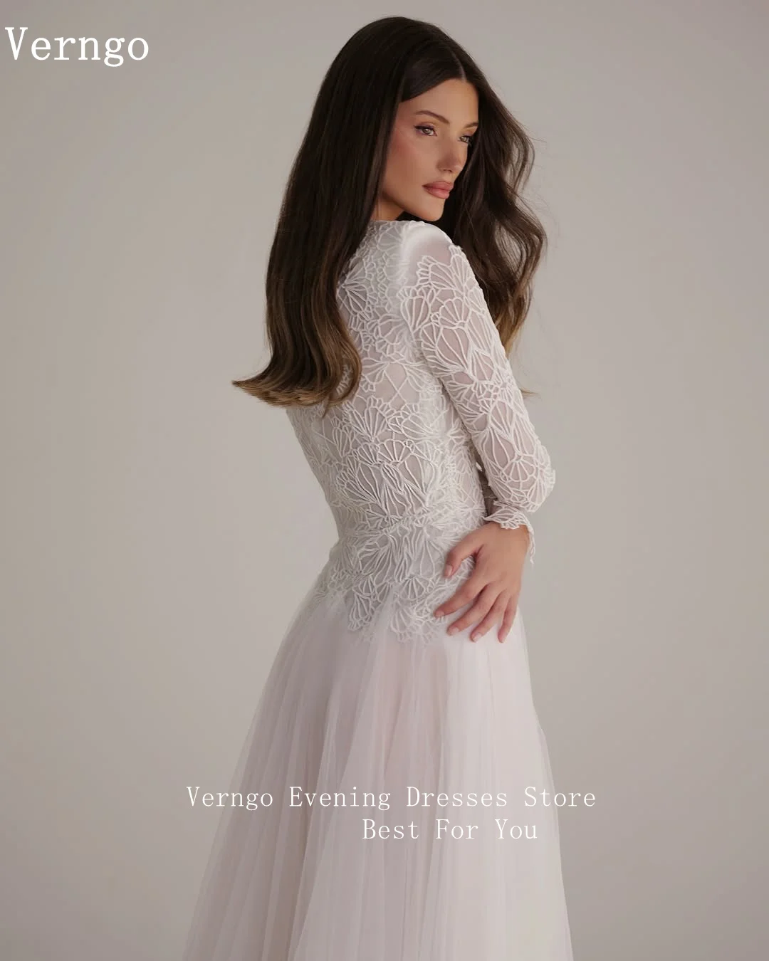 Verngo-vestido de noche largo de tul marfil, encaje, línea A, mangas completas, vestidos de graduación, vestido Formal modesto de Arabia para mujer personalizado