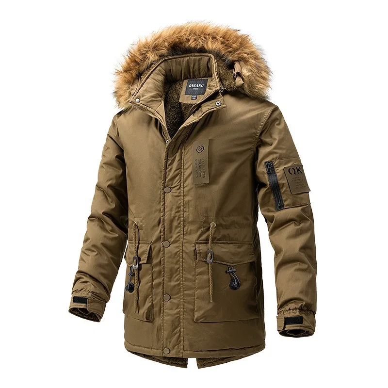Парка мужская зимняя, утепленная куртка-карго, флисовое пальто, модная повседневная верхняя одежда, цвет хаки, черный