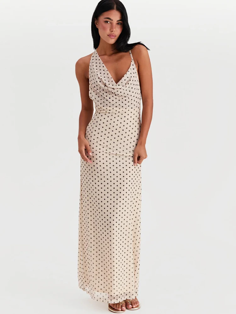 

JULISSA MO Printed Polka Dots Maxi Dress For Women White Backless Spaghetti Strap Dress Spring Skinny Casual Party Evening Dress