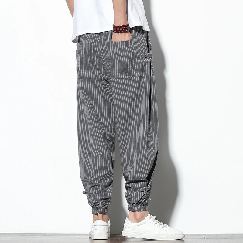 Four Seasons Men Disc Buckle Striped Harem Pants Breathable Cotton Linen Pencil Pants Buckle Casual Bloomers Fashion Trousers