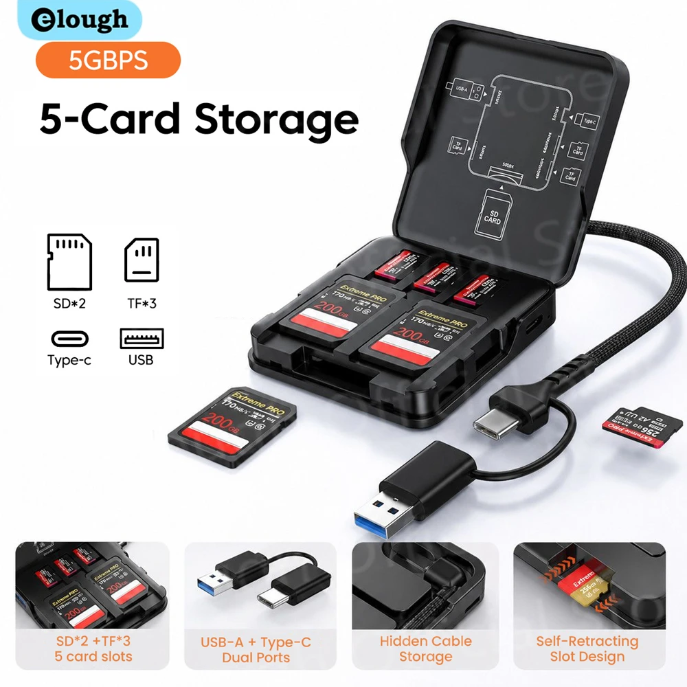 5 in 1 USB3.0 Card Reader Storage Box Adapter With USB/Type-C Cable High-speed SD TF Card Reader Case Holder Storage Protector