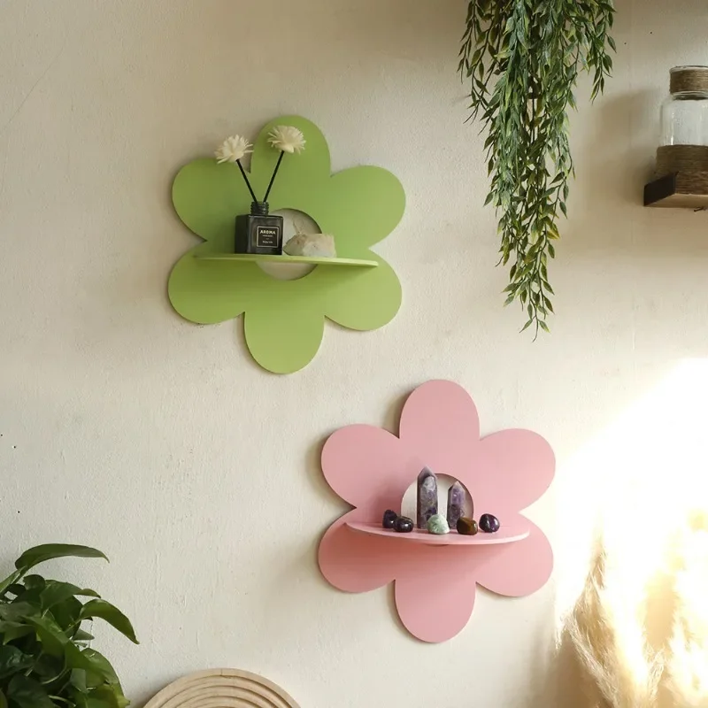 Flower Shape Wall Storage Holder Wooden Wall Art Wall Decoration Floating Plant Shelf For Bathroom Home Room Decor Gift Bedroom