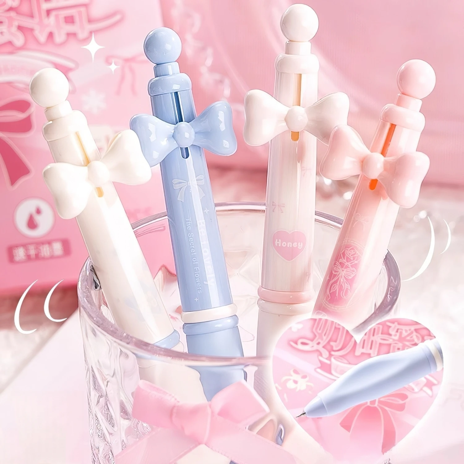 

4pcs Lovely Flower Gel Pens set, Pinch Grip Camellia Floral Pink Bowknot Star Dream Clip 0.5mm Black Color Ink for Writing A3042