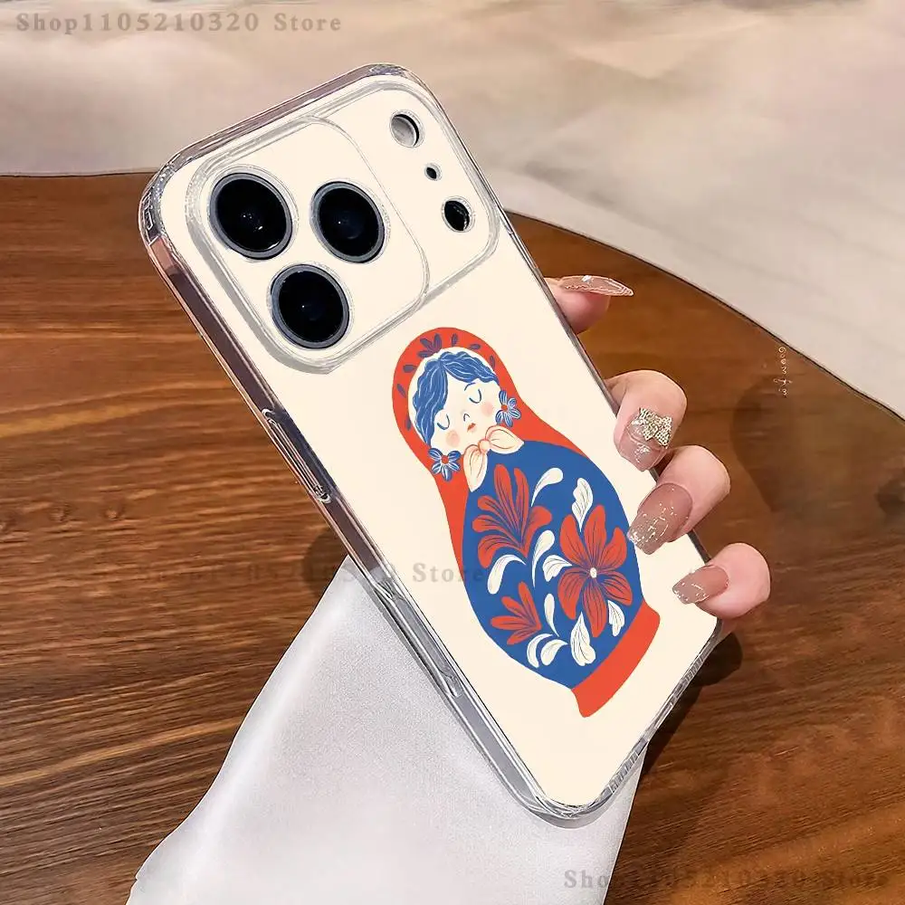 Custodia per telefono Matrioska di arte russa per iPhone 17,16,15,14,13,12,11 Pro,Max,Plus,X,XS,XR,SE4,E Mini Cover morbida trasparente