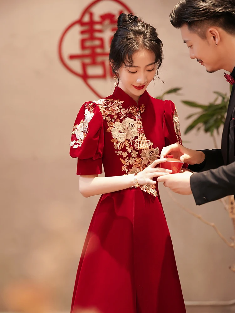 

Red Wedding Dr Chinese Sle Engagement Par Small Size Women's Dr Beautiful Embroidery mid Waist Design