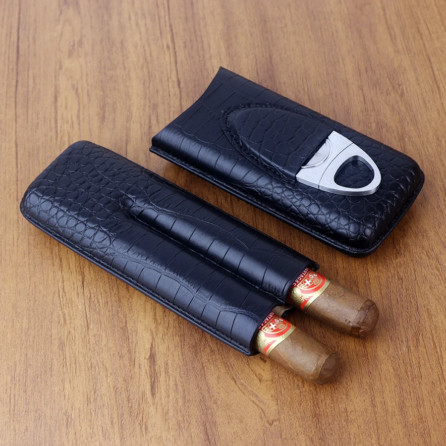 

Leather Traveling Cigar Case 2 Tubes Portable Cigars Holder Sharp Cutter Carrying Humidor Cigar Accessories Gift for Boyfriend