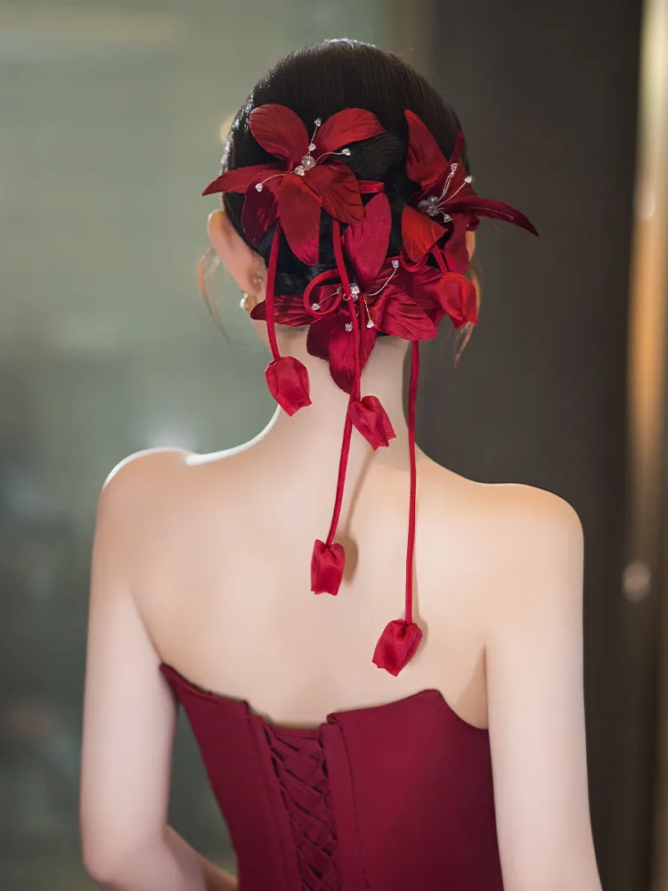 Bridal classical style premium burgundy satin three-dimensional flower hair accessories toasting clothes modeling head flower