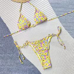 Seksowny żółty kwiatowy nadruk Push Up Strój kąpielowy Micro Stringi Bikini 2024 Kobiety String Halter Strój kąpielowy Biquinis Bikini Set