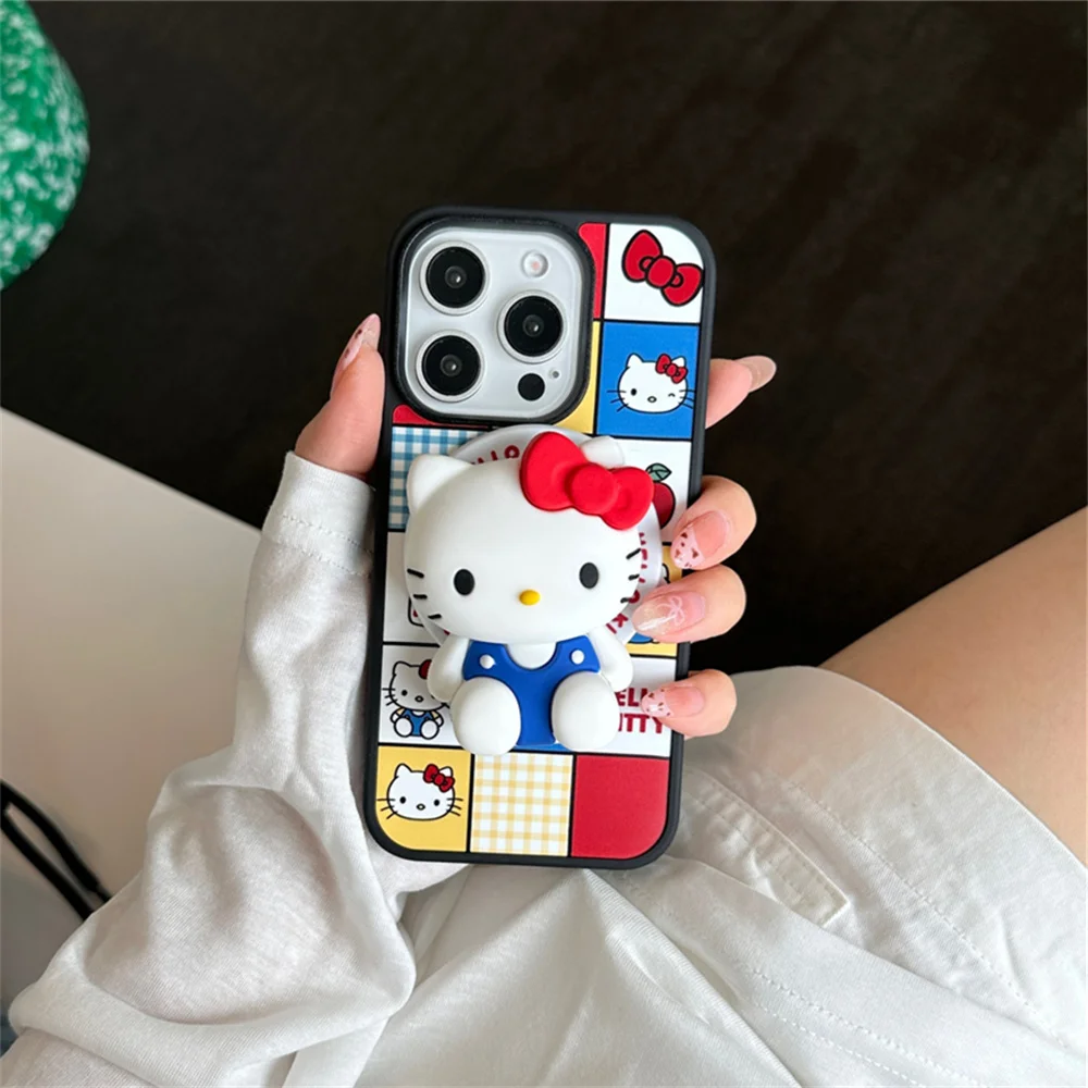 

Korean Cute plaid 3D Hello Kitty magnetic stand phone case for iPhone 13 16 14 Pro Max 15 Cases with Magsafe Protective cover