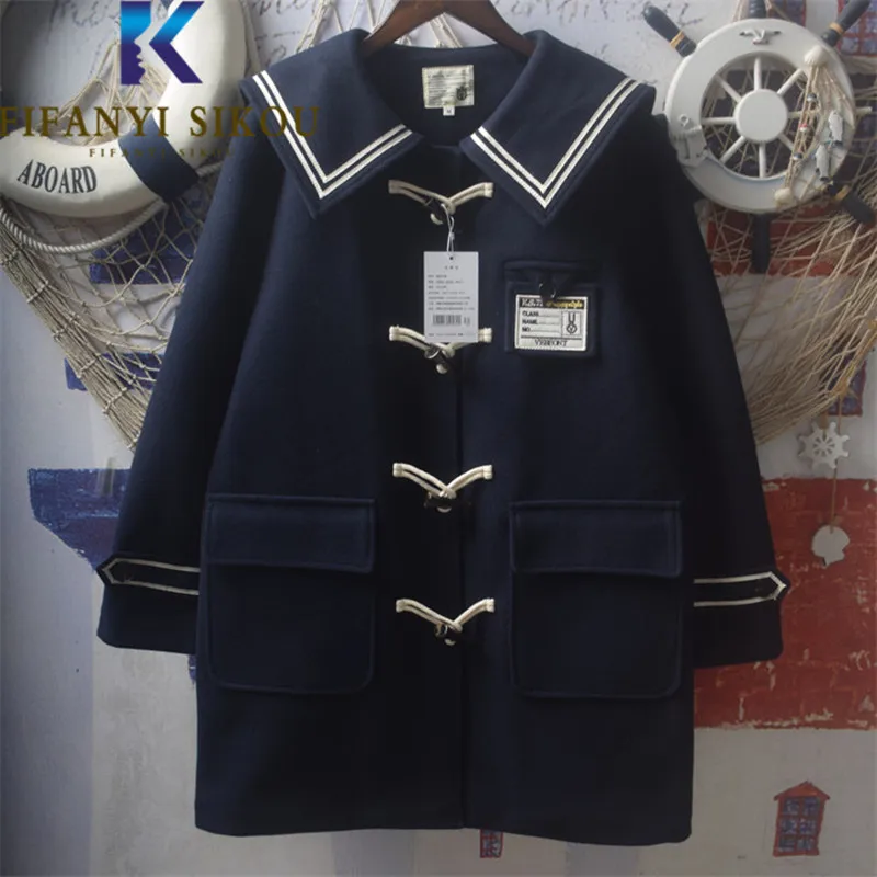 

Navy Blue Woolen Coat Women Thick Warm Overcoat Sailor Collar Fashion Horn Button Pocket Loose Wool Blend Winter Coat Female