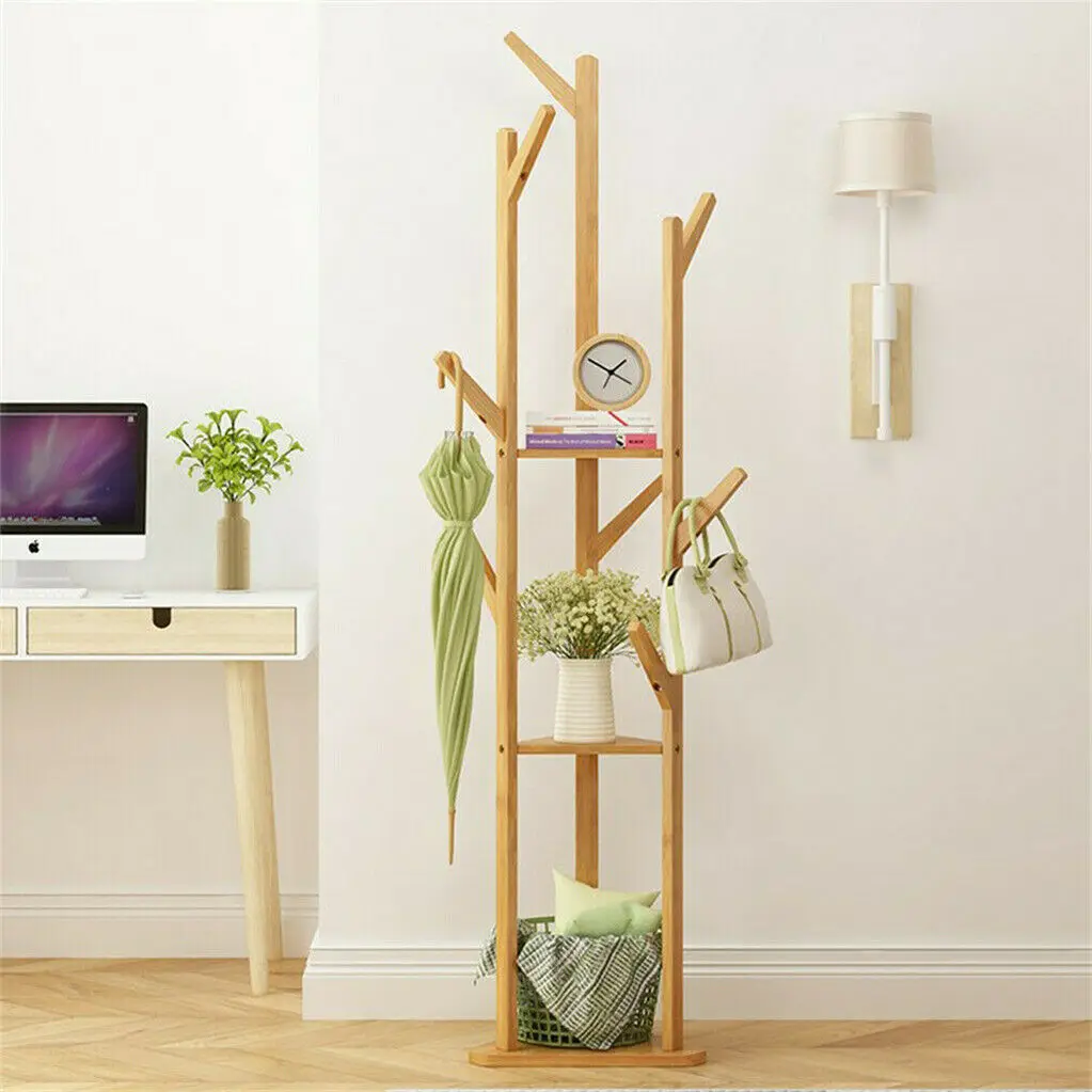 Wooden Coat Hat Hanger Stand 10 Hooks Floor Standing Clothes Bags Umbrella Rack Tree Hanger Bag Hat Hook Holder