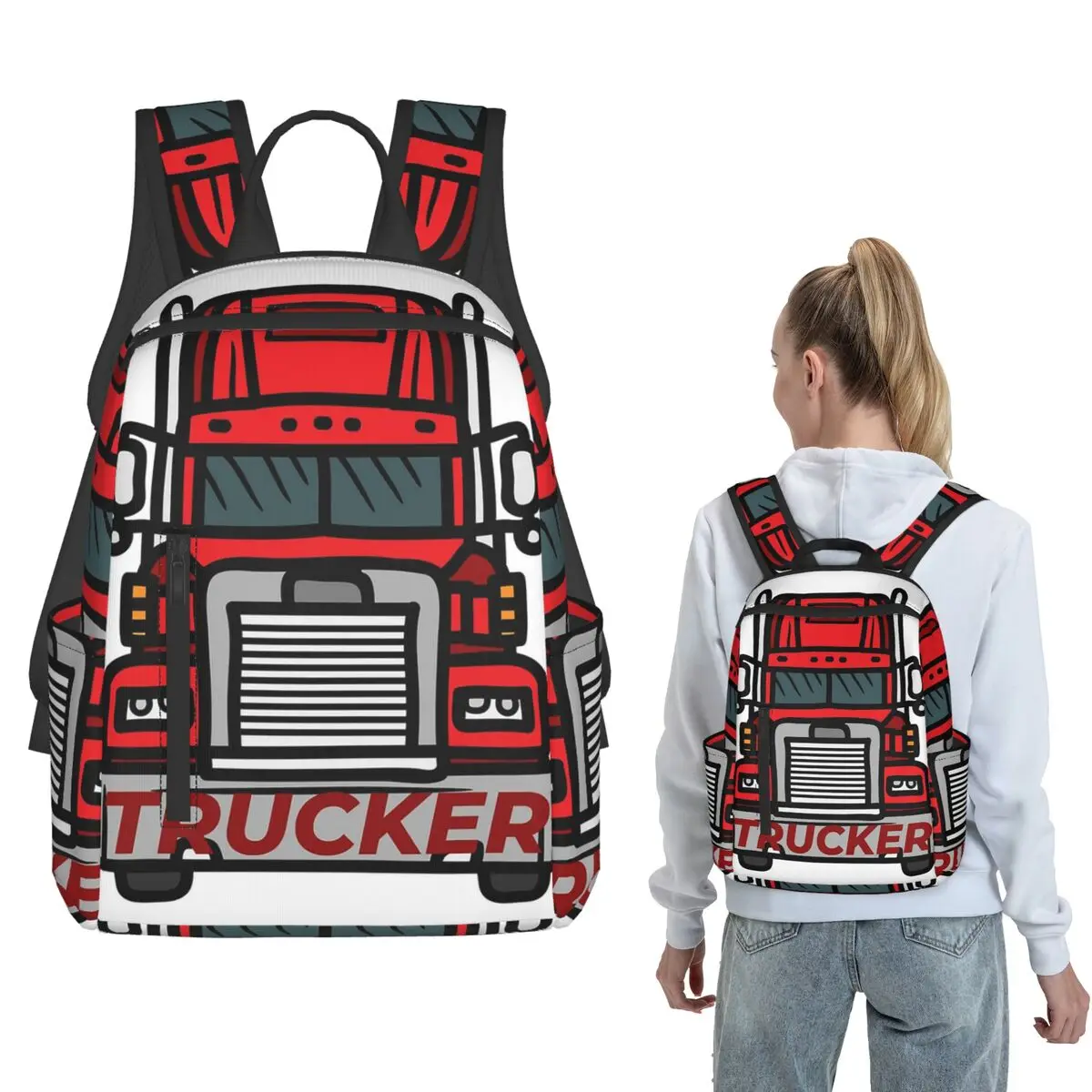 

Cartoon Large Red Truck Print Backpack Large Capacity Boys Girls BookBag School Bag Shoulder Bags for Men Women