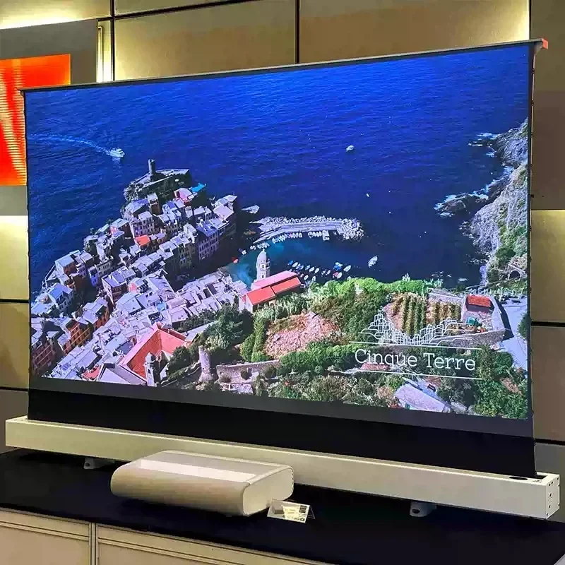 72-150 inch ALR UST Projector Screen Electric Floor Rising 4K T-prism Screen for Ultra Short Throw Laser Projector
