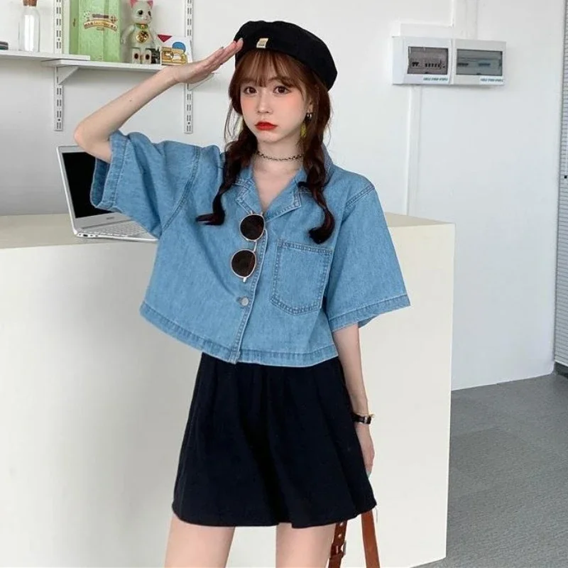 Denim Shirts Women Preppy Style Solid Lovely Fashion Vintage Short Sleeve High Street Retro Basic Femme Popular Student Summer