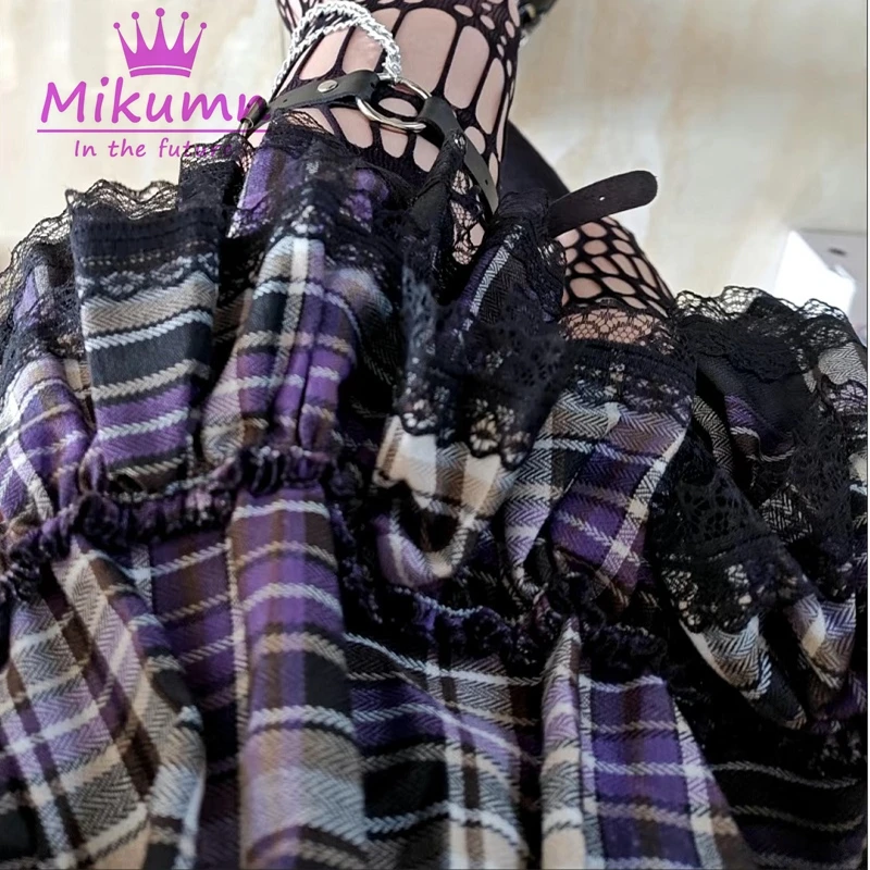 Mikumn Harajuku Gothic Lolita Kawaii Plaid Mini Skirts Y2k Punk Girls Lace-up Cross Lace Apron Cake Skirt Ball Gown Short Skirts