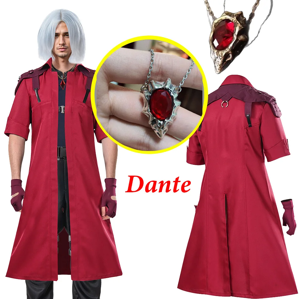 

Heart Necklace Windbreak Dante Cosplay Red Jacket Costume Dress-Up Coat Clothing Disfraz Outfits Halloween Carnival Fancy Suit