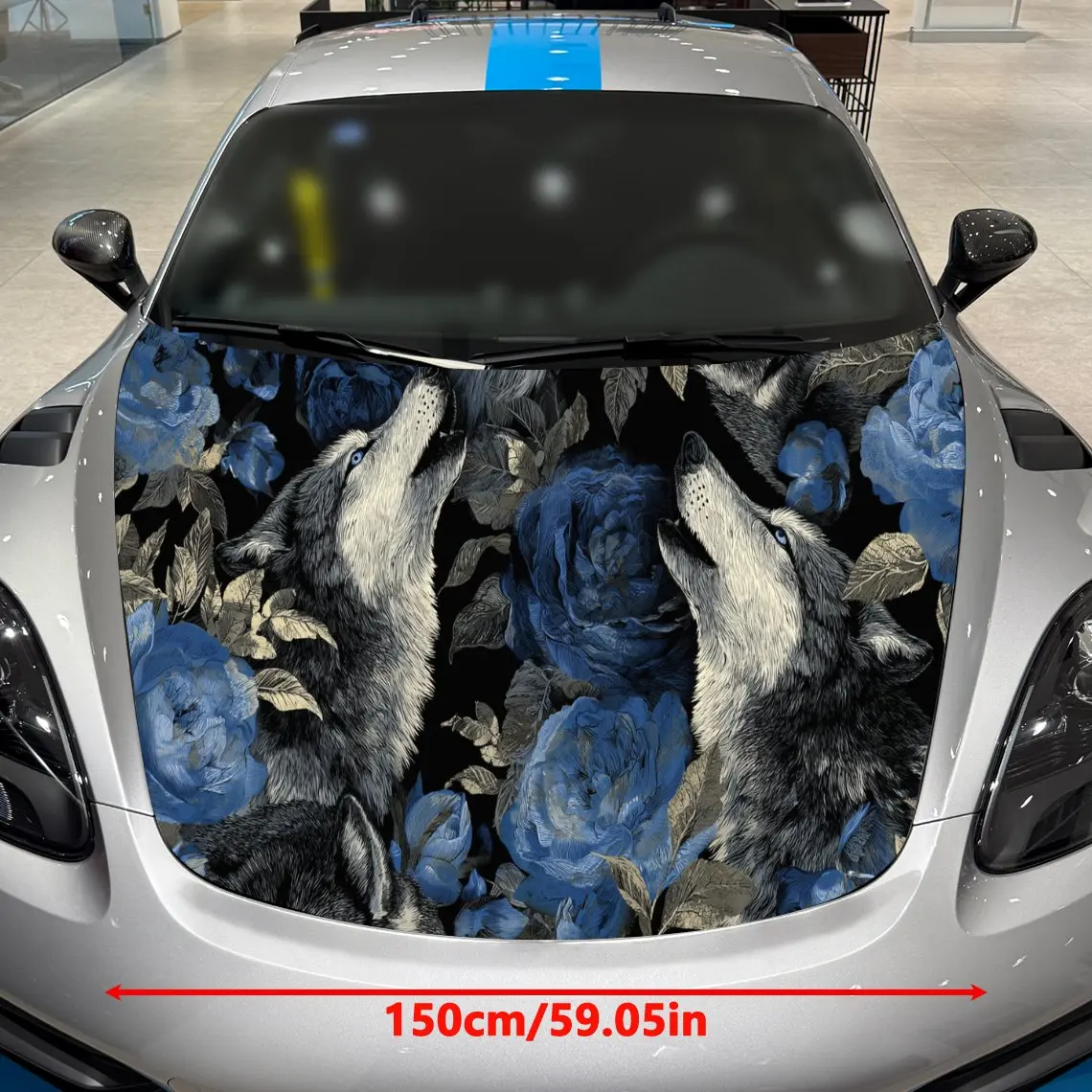 Car Decal Multi-Angle Presentation of Dark Visual Feast with Wolf and Blue Rose in Gothic Style Car Hood Sticker, Waterproof Sel