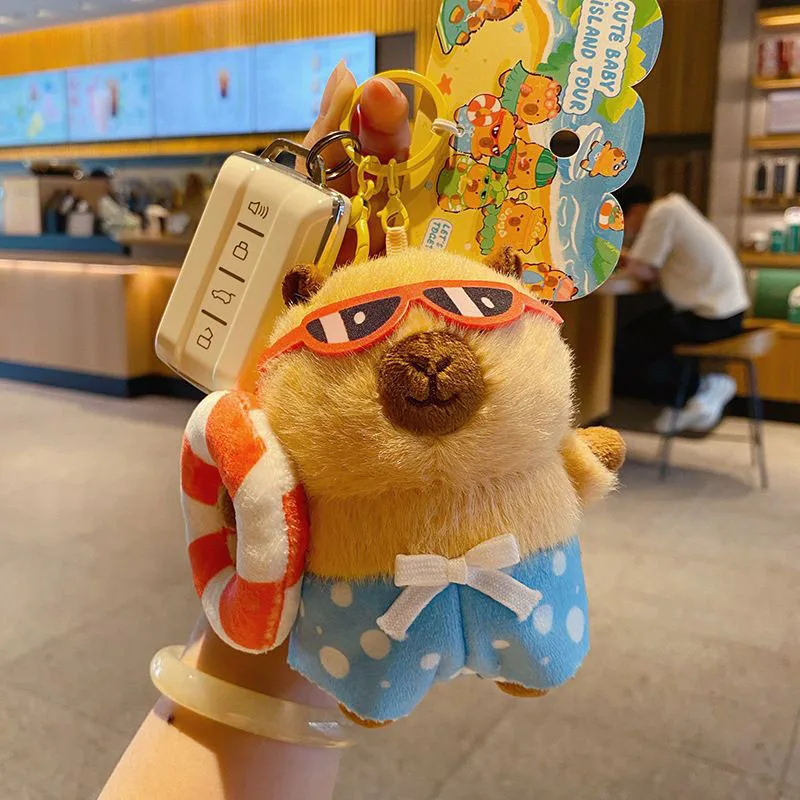 

Cute Summer Capybara Plush Keychain with Removable Swim Ring & Sunglasses Beach Themed Bag Charm Keyring for Girls Boys Kawaii