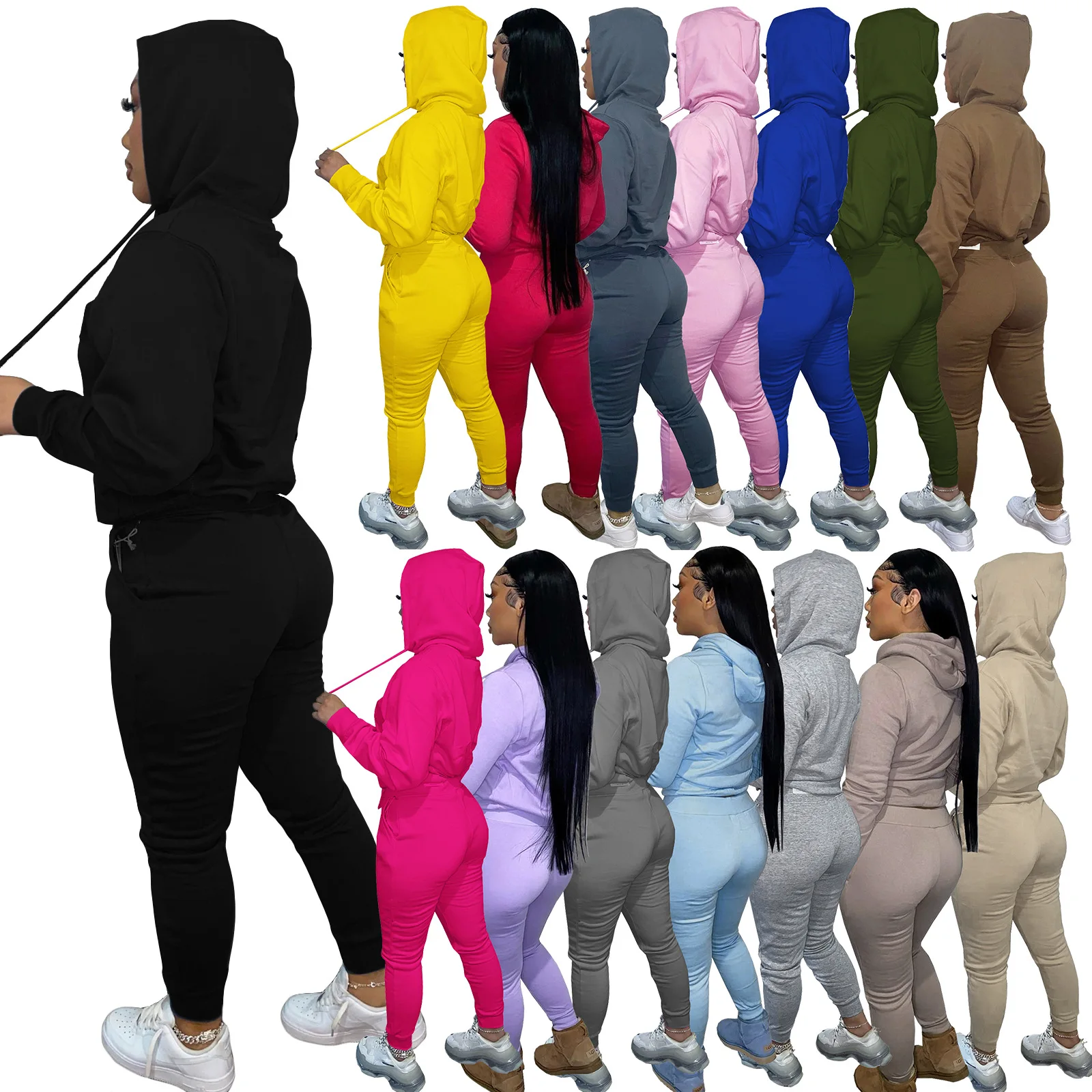 Thicken Fleece Hoodie Two-piece Set Women Overall Hoodie + Bodycon Sweatpants 2022 Winter Sports Jogger Bulk Item Wholesale Lots