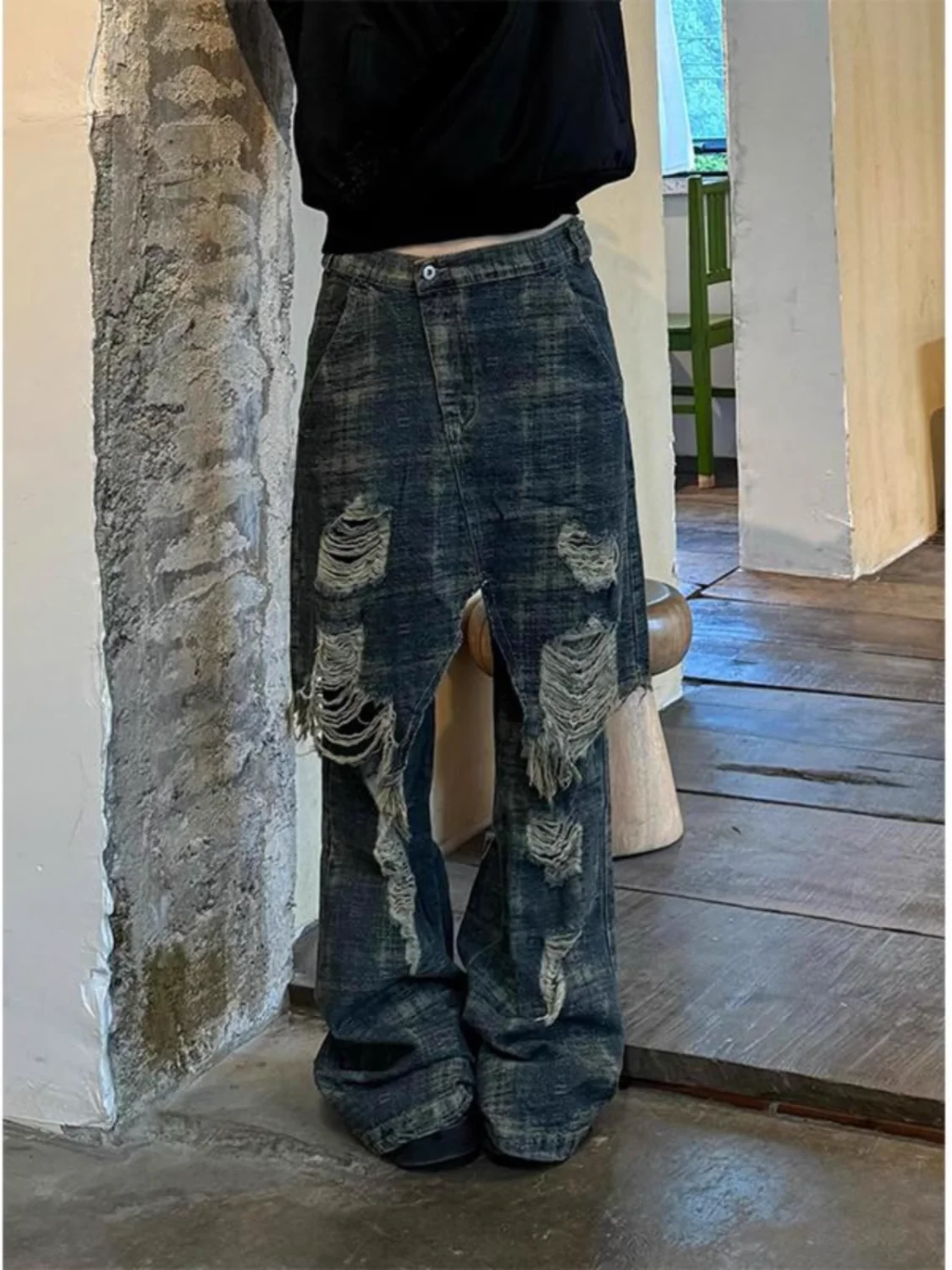 

American Retro Ins Style Mud Dyeing Old Destructive Denim Skirt 2025 Autumn New Fake Two-Piece Flared Trousers