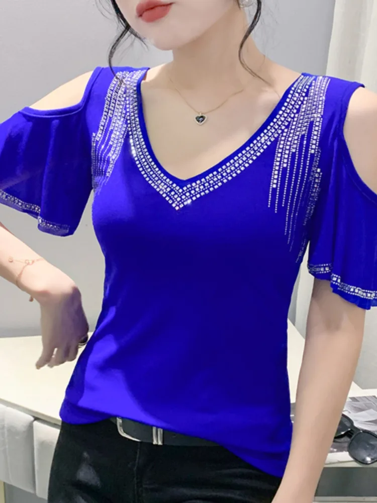 #7201 Off Shoulder T Shirt Women V-neck Diamonds Sexy Skinny T Shirt Female Short Sleeve Stretch Mesh Short Tshirt Femme Summer