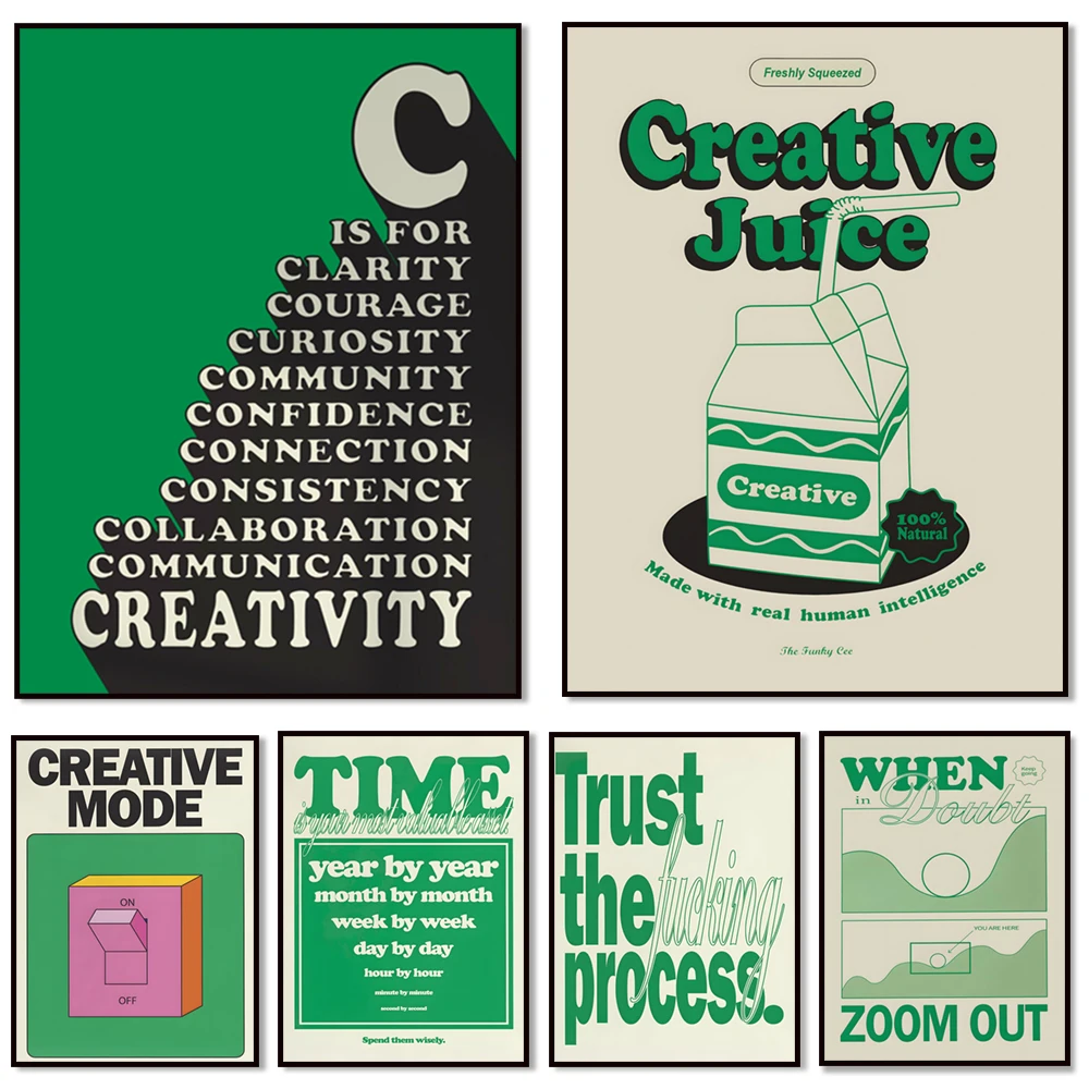 Believe in the process, create originality, explore art, C is for creative wall printing, green retro inspirational poster