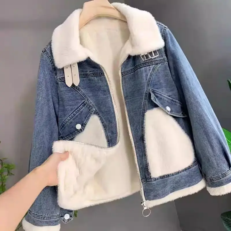 

Women Fleece Denim Jacket Autumn Winter Korean Style Fleece Zipper Warm Coat Loose Casual Plush Thicken Overcoat