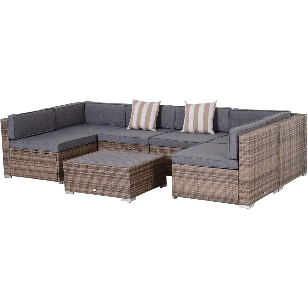 Patio Furniture Set, Outdoor Wicker Conversation Set All Weather PE Rattan Sectional Sofa Set with Cushions and Faux Wood Table