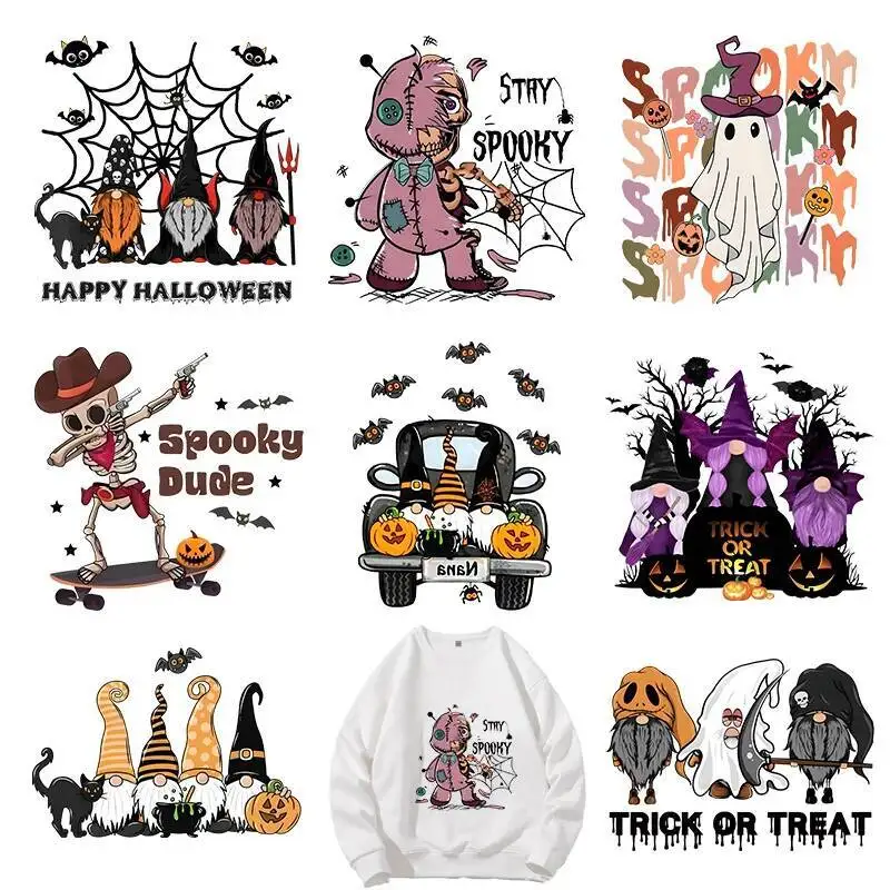 

2023 Halloween Magic Elf Heat Transfer Striped Iron On kids hoodie DIY decorated DTF Punk ironing stickers