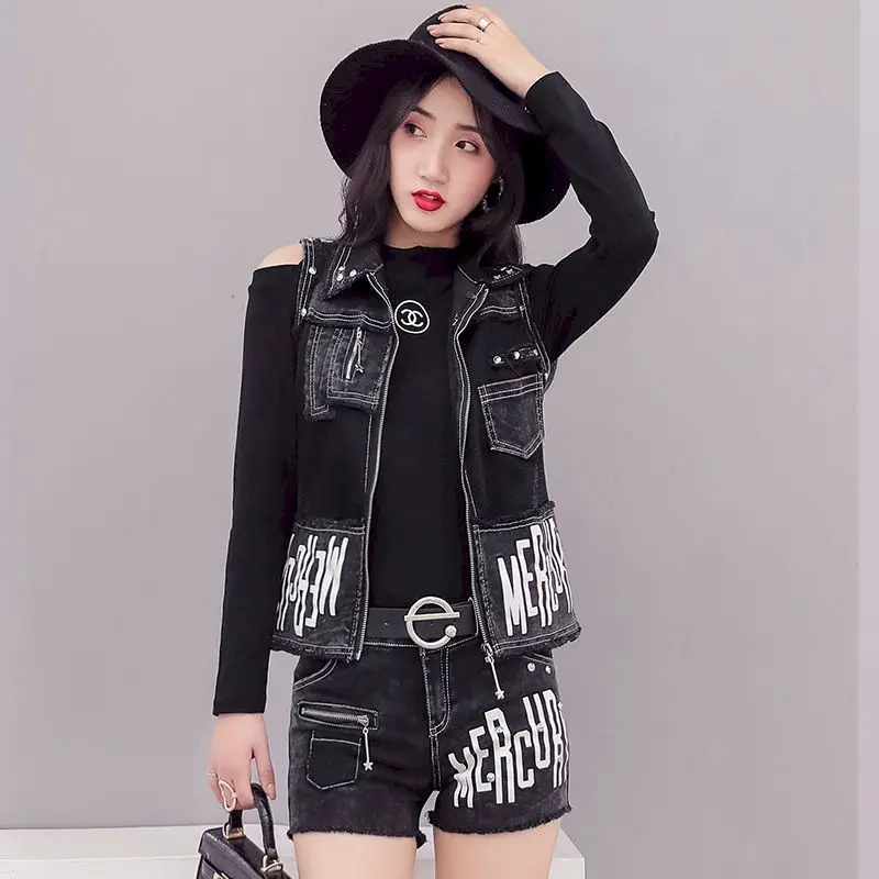 Fashion Denim Sets Women Spring/Summer Trend Hollow Mesh Letter Rivet Vest Coat and Jeans Shorts 2 Piece Set Aesthetic Suits Y2k