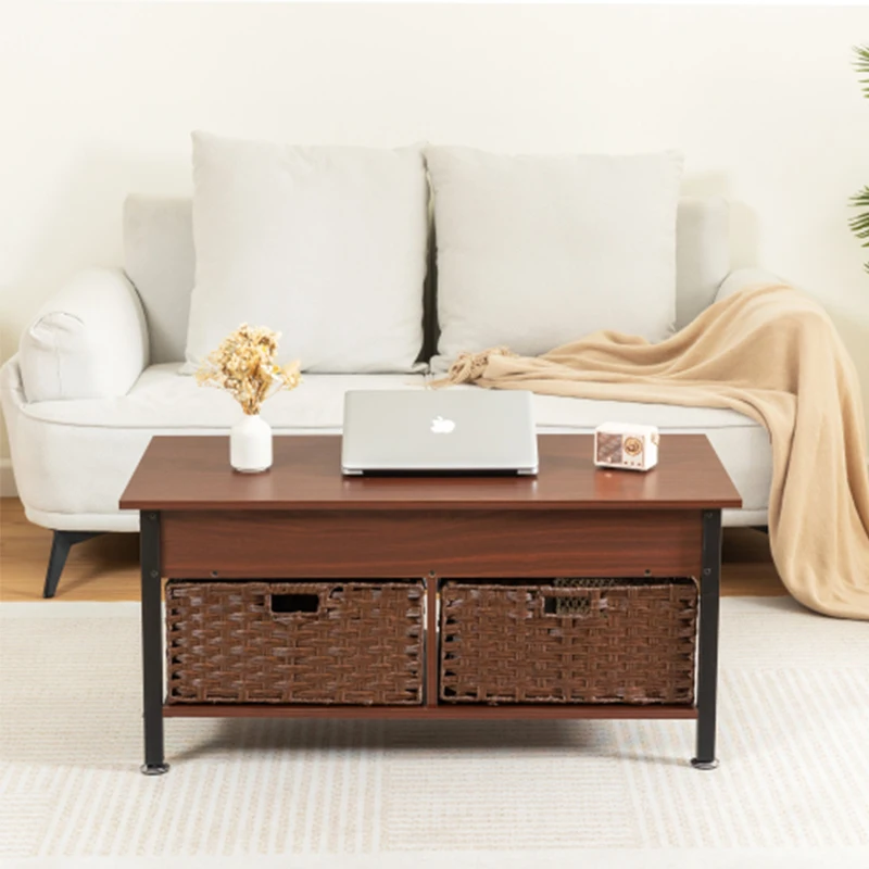 Metal coffee table,desk,with a lifting table,and hidden storage space.There were two removable wicker baskets，Brown