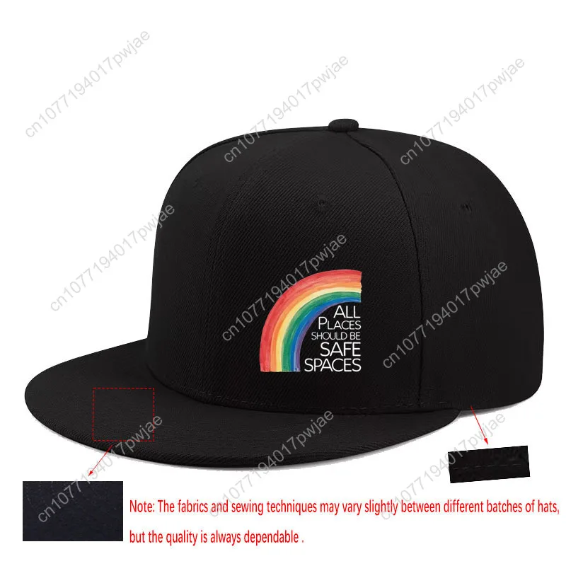 Rainbow Lettering & "ALL PLACES SAFE SPACES" Print Adjustable Snapback Baseball Cap - Breathable Unisex Urban Streetwear Hat for