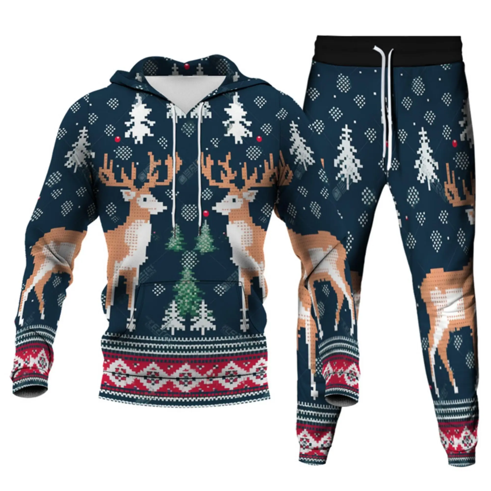 2024 New Unisex 3D Christmas Santa Claus Print Hoodies & Sweatshirts Pants Adult Two Pieces Tracksuit Men Women Xmas Joggers Set