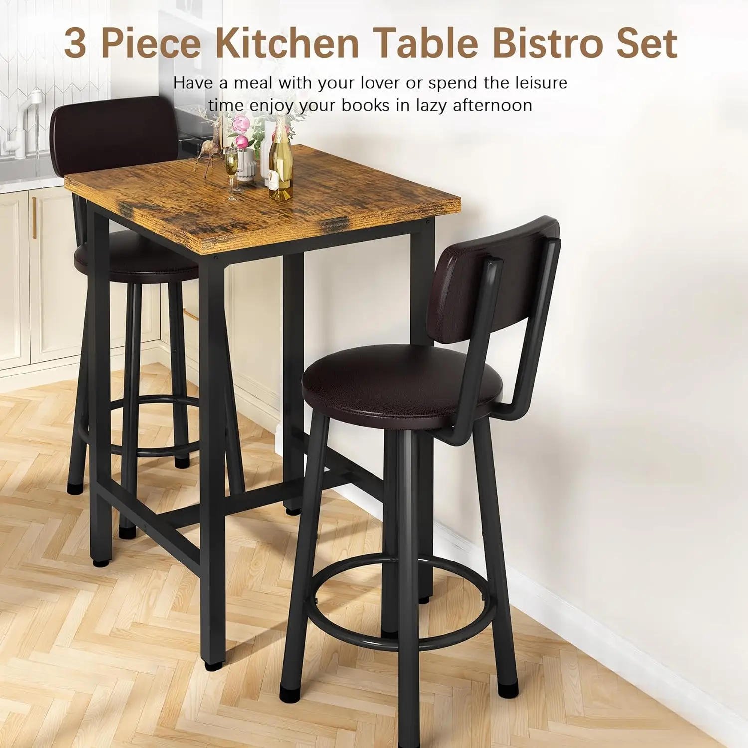 Recaceik 3 Piece Pub Dining Set, Modern Bar Table And Stools For 2 Kitchen Counter Height Wood Top Bistro Easy Assemble For