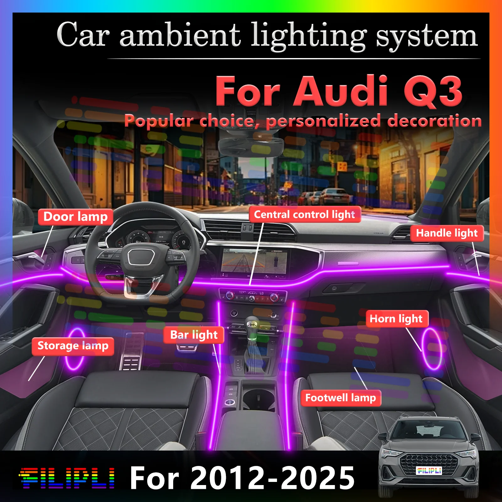 

For Audi Q3 Car Interior Multi-color LED Ambient Decorative Light, Smart Control Lamp