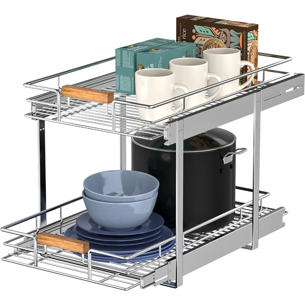 

Pull Out Cabinet Organizer(11" W x 21" D), 2 Tier Wire Basket Slide Out Shelf Storage with Wood Handle, Pull Shelf Drawers for 1