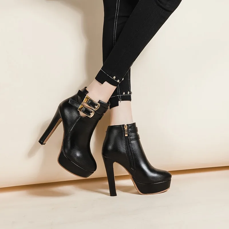 Autumn Winter Women\'s Ankle Boots 12.5cm Super High Heel Black Leather Boots Thick Heel Fashion Belt Buckle Platform Shoes