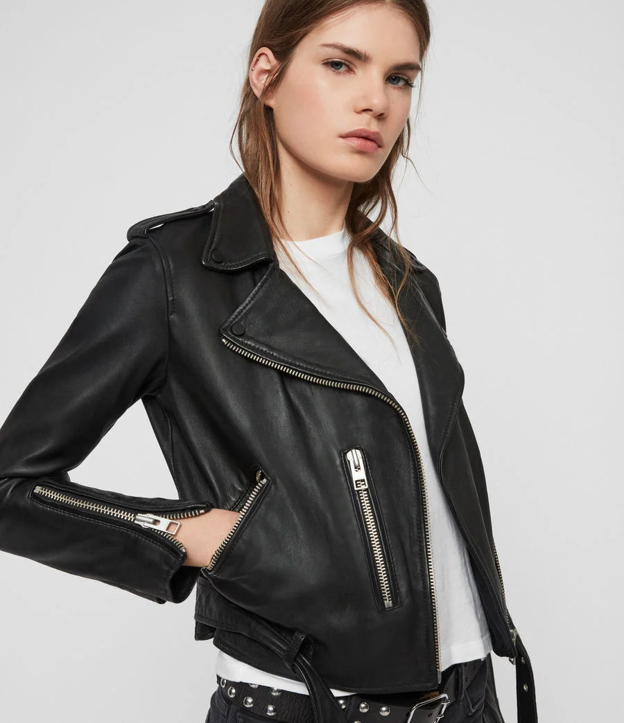 2023 British As Sheepskin Women's Black Classic Diagonal Zipper Shoulder Badge Leather Jacket Biker Jacket