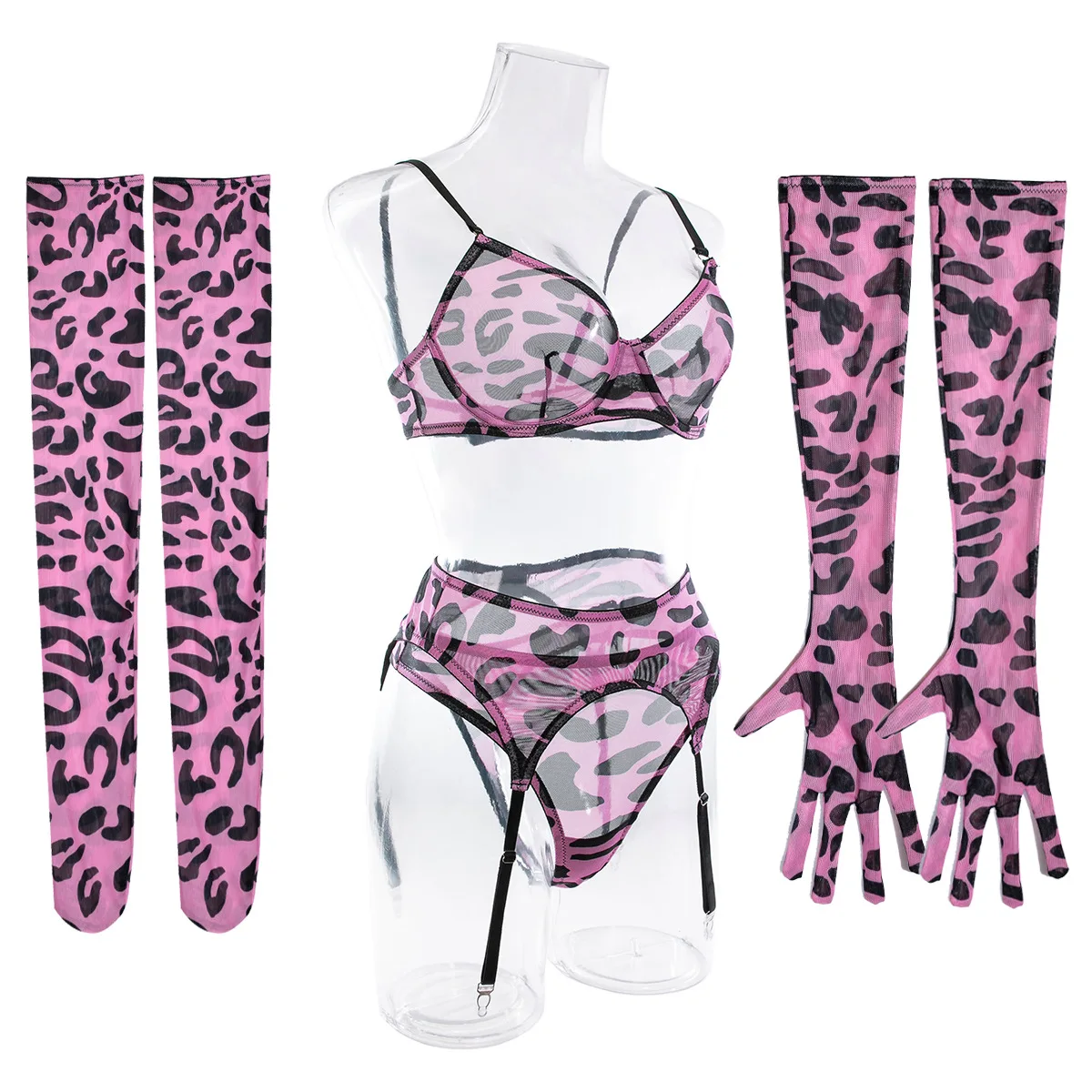 Sexy rosa Leopardenmuster BH Handschuhe Beinsocken Dessous Set Damen Perspektive Mesh exotische Unterwäsche Versuchung Fetisch XXX