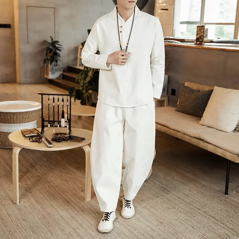 

Chinese Style Men Cotton Linen Retro Style Han Tang Suit Slim Chinese Tunic Costume Men's Clothing Top Pants White Long Sleeves