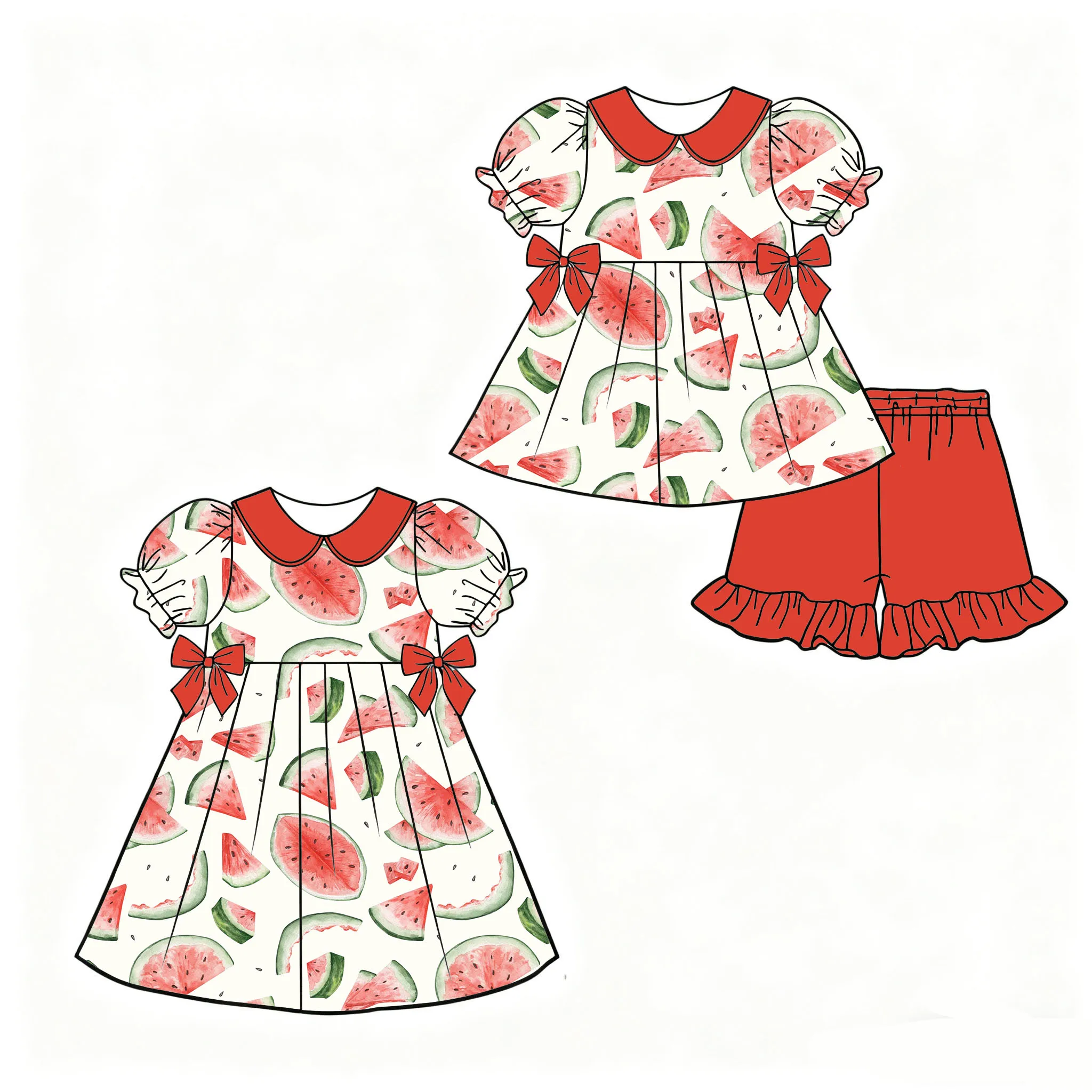 Boutique Hot-selling Girls Outfit Collared puff sleeves dress top paired ruffled shorts watermelon print