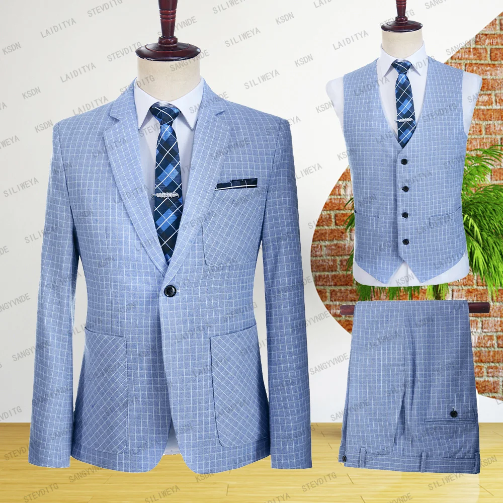 2023 Classic Lattice Denim Blue Men Suits Three-pieces Fashion Wedding Suit Jacket Tuxedos for Men High Qualit Casual Occasion