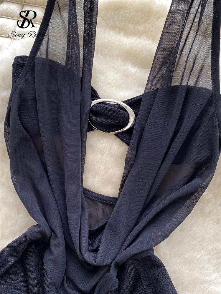 Abito da donna sexy con scollo all'americana trasparente senza schienale Abito tubino trasparente alla moda Abito corto diviso sensuale con fiocco estivo